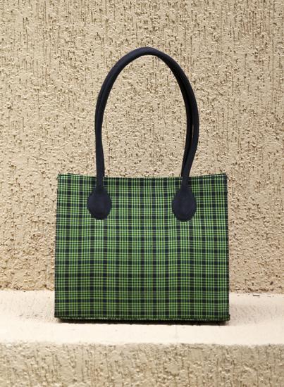 Handwoven Mangalagiri Box Bag - Green Checks
