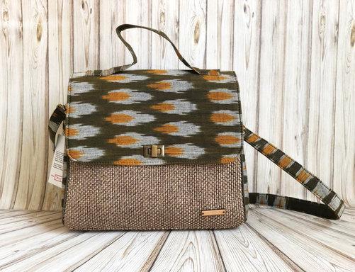 Handwoven Ikat and Jute Bag - Green and Mustard