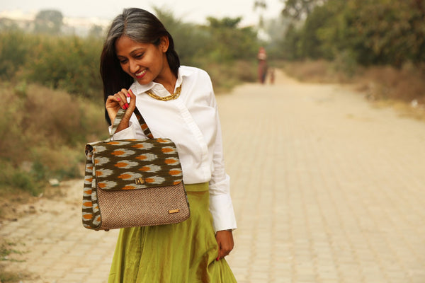 Handwoven Ikat and Jute Bag - Green and Mustard