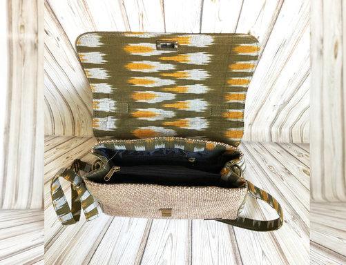 Handwoven Ikat and Jute Bag - Green and Mustard