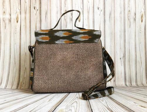 Handwoven Ikat and Jute Bag - Green and Mustard