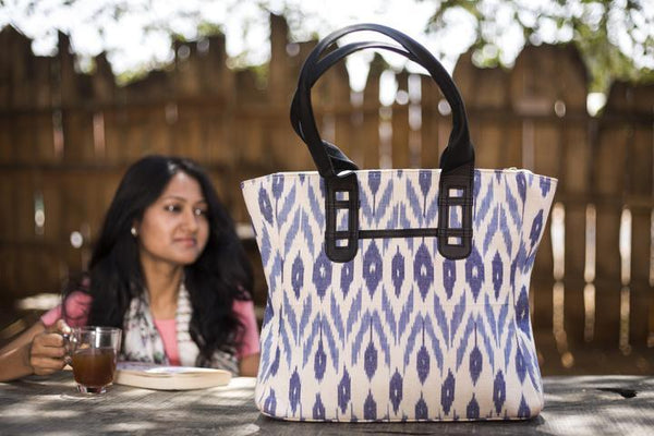 Handwoven Blue and White Ikat Tote Bag