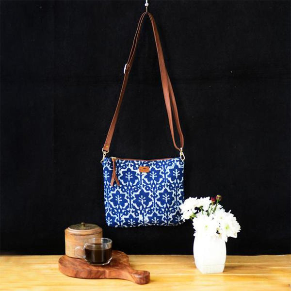 Upcycled Indigo Sling Bag - Floral Pattern