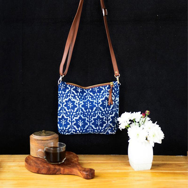 Upcycled Indigo Sling Bag - Floral Pattern