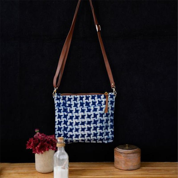 Upcycled Indigo Sling Bag - Houndstooth Pattern