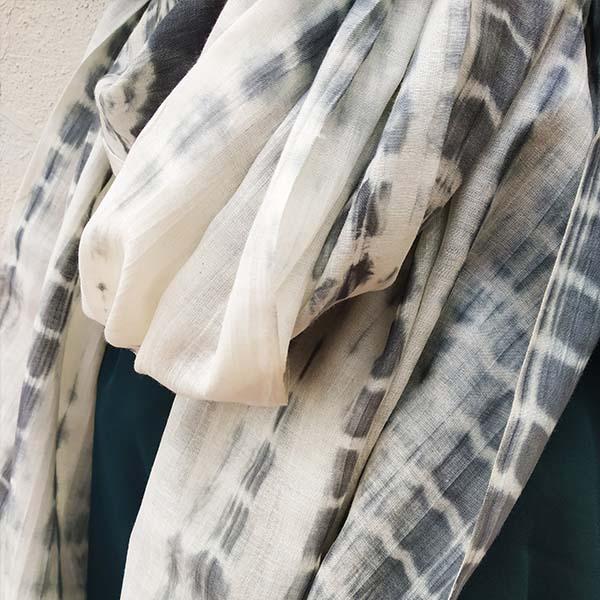 Ivory Grey Handloom Tussar Cotton Hand dyed Shibori Stole with pompoms