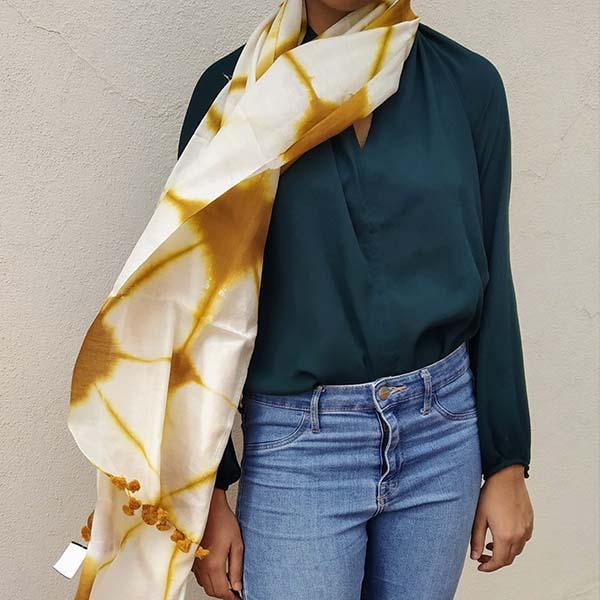 Ivory Mustard Handloom Tussar Cotton hand-dyed Shibori Stole with pompoms
