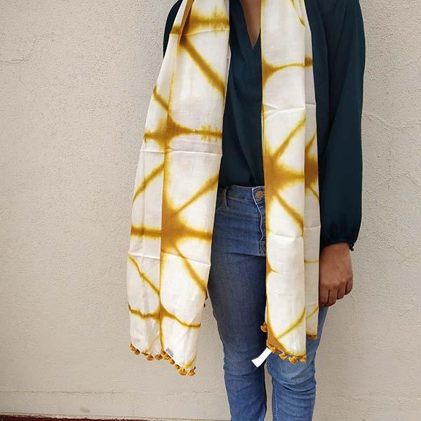 Ivory Mustard Handloom Tussar Cotton hand-dyed Shibori Stole with pompoms