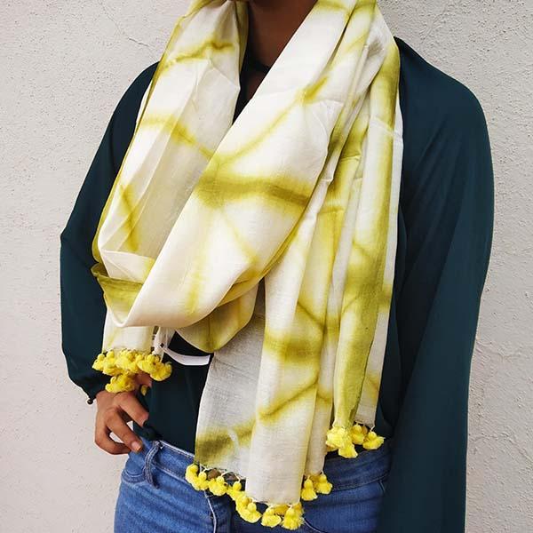 Ivory Yellow Handloom Tussar Cotton Hand-dyed Shibori Stole with pompoms