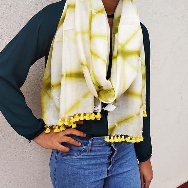 Ivory Yellow Handloom Tussar Cotton Hand-dyed Shibori Stole with pompoms