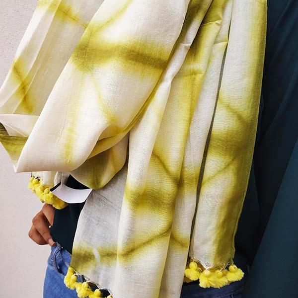 Ivory Yellow Handloom Tussar Cotton Hand-dyed Shibori Stole with pompoms