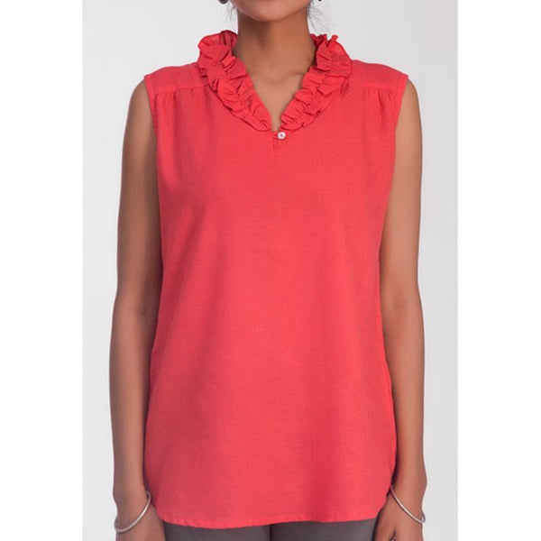 Handwoven Cotton Linen Sleeveless Top - Salmon Pink