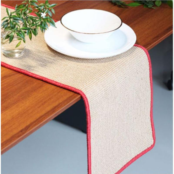 Jute Micro Boucle Table Runner - Natural Beige with Red Border (CT23)