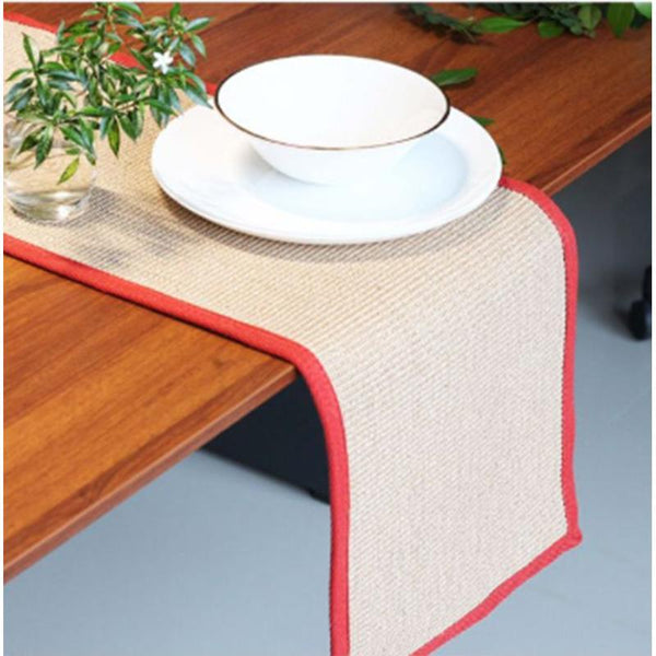 Jute Micro Boucle Table Runner - Natural Beige with Red Border - DC260