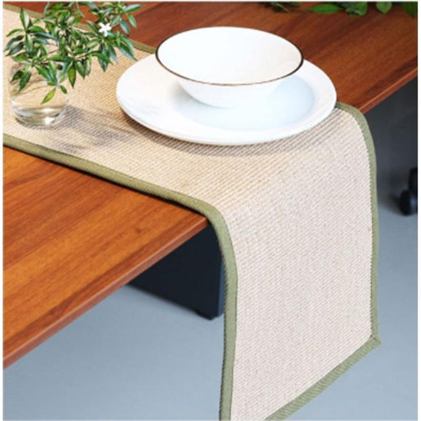 Jute Micro Boucle Table Runner - Natural Beige with Olive Green Border (DC 386)