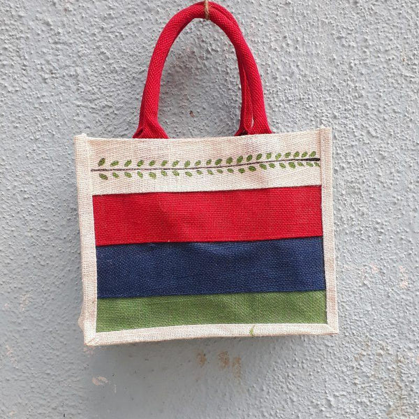 Jute Tiffin Bag - Red Green & Blue (Leaf Design)