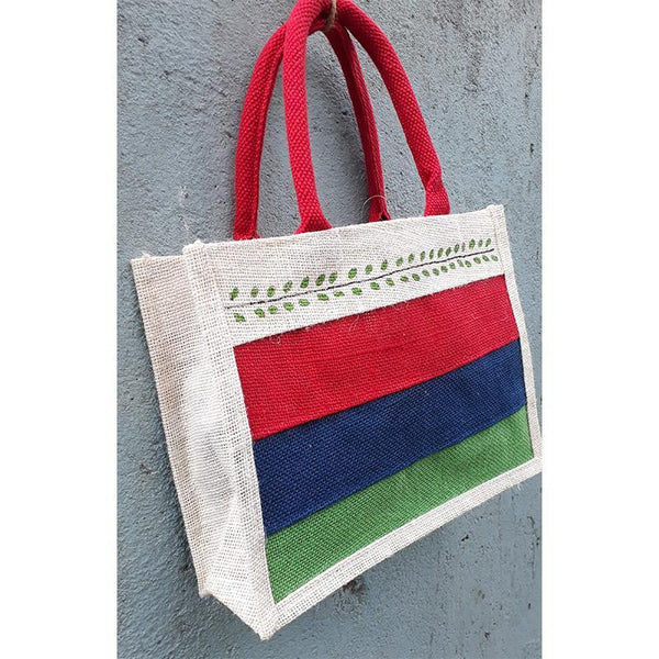 Jute Tiffin Bag - Red Green & Blue (Leaf Design)