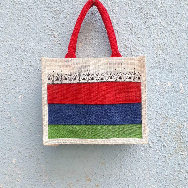 Jute Tiffin Bag - Red Green Blue (Square Print)