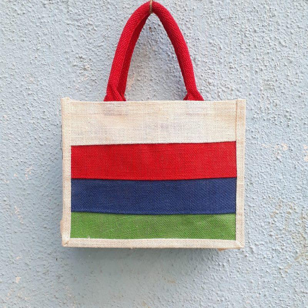 Jute Tiffin Bag - Red Green Blue (Square Print)