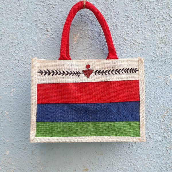 Jute Tiffin Bag - Red Green Blue (Arrow Print)