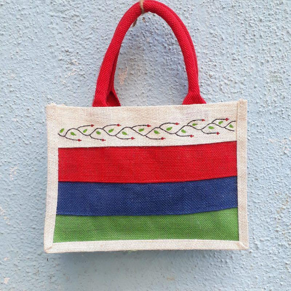 Jute Tiffin Bag - Red Green Blue (Floral Print)