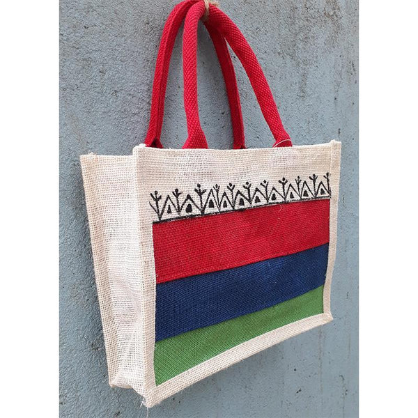 Jute Tiffin Bag - Red Green Blue (Square Print)