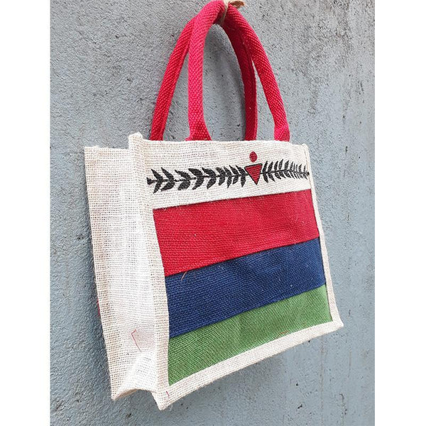 Jute Tiffin Bag - Red Green Blue (Arrow Print)