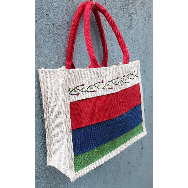 Jute Tiffin Bag - Red Green Blue (Floral Print)