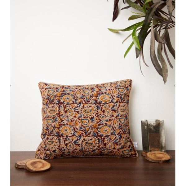 Kalamkari Cushion Cover Created by Dabu and Handblock Print Artisans in Rajasthan - Brown
