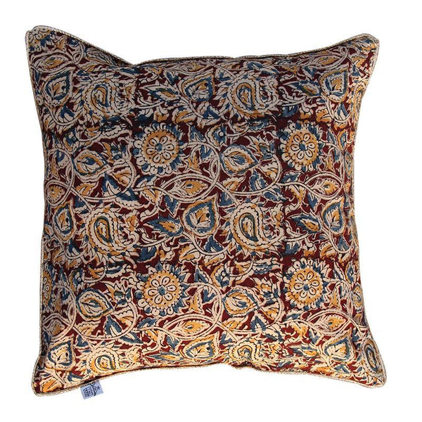 Kalamkari Cushion Cover Created by Dabu and Handblock Print Artisans in Rajasthan - Brown