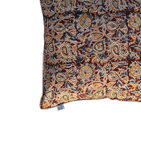 Kalamkari Cushion Cover Created by Dabu and Handblock Print Artisans in Rajasthan - Brown