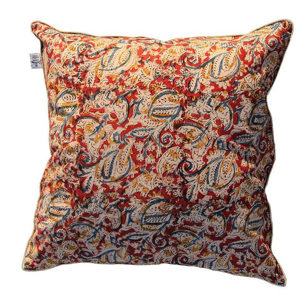 Kalamkari Cushion Cover Created by Dabu and Handblock Print Artisans in Rajasthan - Red