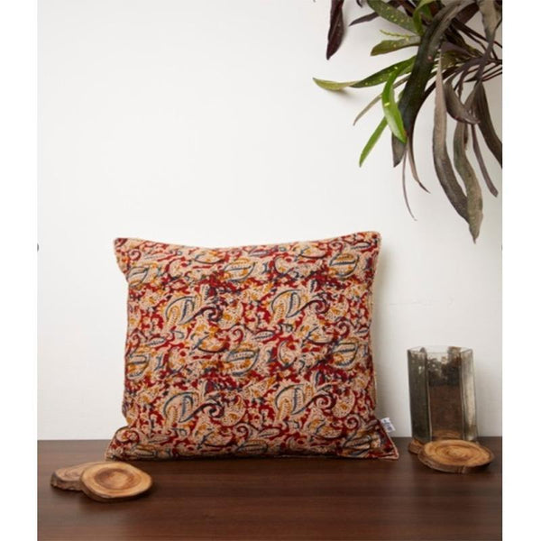 Kalamkari Cushion Cover Created by Dabu and Handblock Print Artisans in Rajasthan - Red