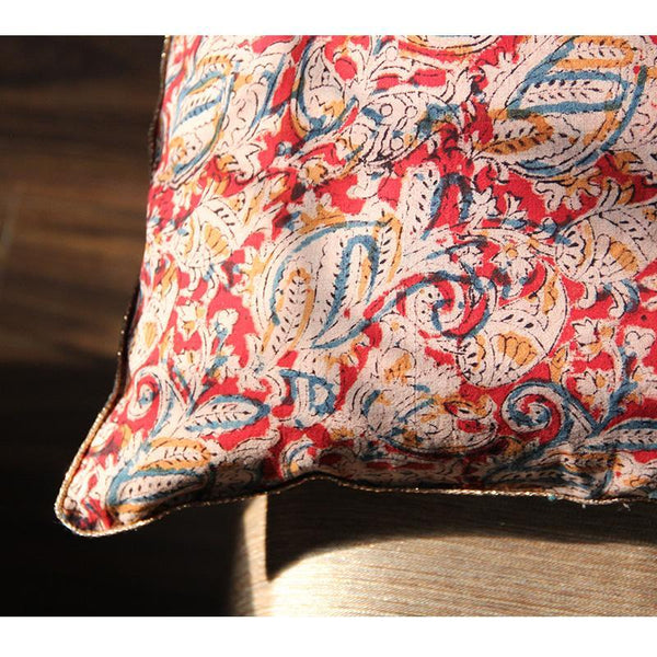 Kalamkari Cushion Cover Created by Dabu and Handblock Print Artisans in Rajasthan - Red