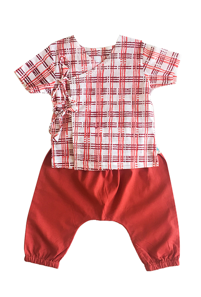 Baby Checks Print Angarakha Top with Red Pyjamas - Natural dyed Organic cotton