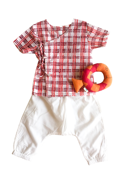 Three piece Baby Check Print Gift Set with Teether - Natural Dyed Organic Cotton