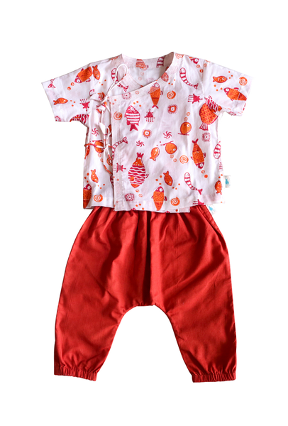 Baby Fish Print Angarakha Top with Red Pyjamas  - Natural dyed Organic cotton