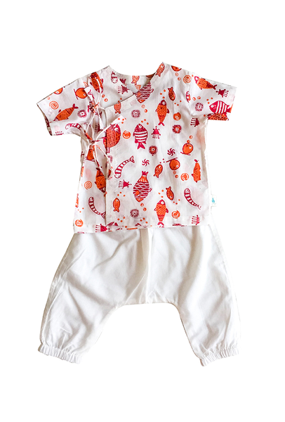 Baby Fish Print Angarakha Top with White Pyjamas - Natural dyed Organic cotton