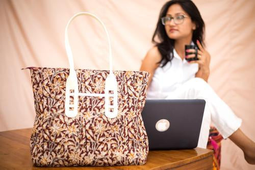 Naturally Dyed Kalamkari Flower Printed Tote Bag