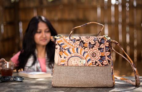 Naturally Dyed Mustard and Blue Kalamkari Jute Bag