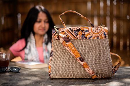 Naturally Dyed Mustard and Blue Kalamkari Jute Bag