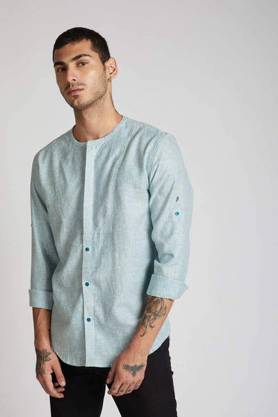 Men's Natural Hemp Round Neck Shirt - Teal Stripes