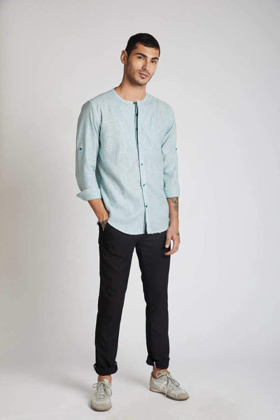 Men's Natural Hemp Round Neck Shirt - Teal Stripes