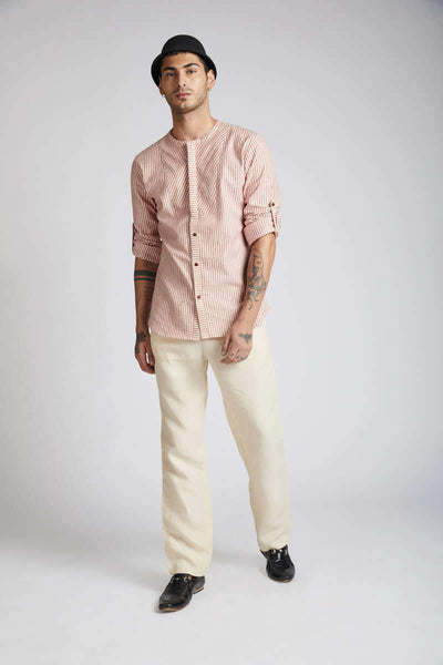 Men's Natural Hemp Round Neck Shirt - Broad Stripes
