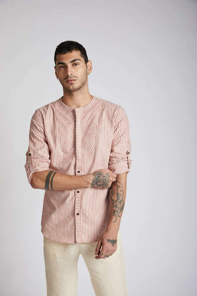 Men's Natural Hemp Round Neck Shirt - Broad Stripes
