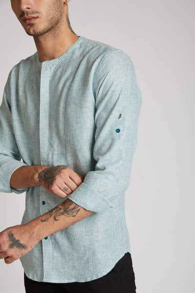 Men's Natural Hemp Round Neck Shirt - Teal Stripes