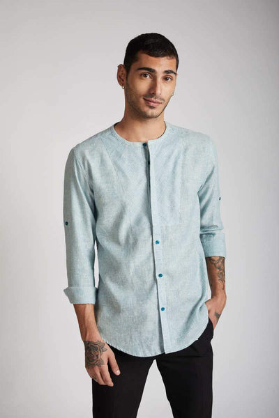 Men's Natural Hemp Round Neck Shirt - Teal Stripes