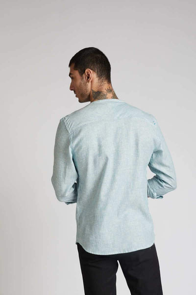 Men's Natural Hemp Round Neck Shirt - Teal Stripes