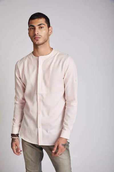 Men's Natural Hemp Round Neck Shirt - Peach Stripes