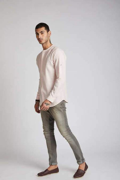 Men's Natural Hemp Round Neck Shirt - Peach Stripes